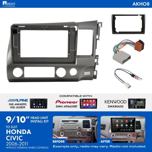 AKHO8 9/10 INCH INSTALL KIT TO SUIT HONDA CIVIC 2006-2011 WITHOUT SWC COMPATIBLE WITH PIONEER, KENWOOD & ALPINE 9/10 INCH HEAD UNITS