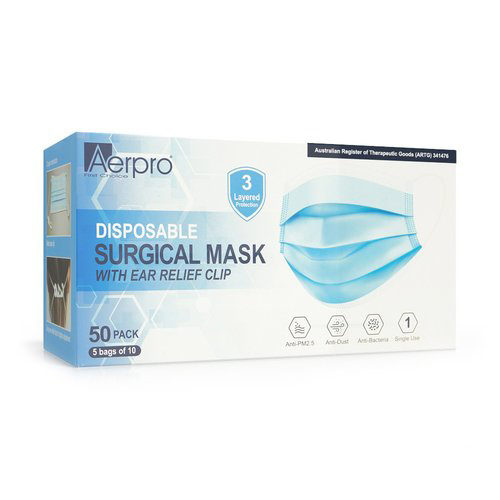 Aerpro Disposable Surgical Face Mask 50 Pack with Ear Relief Clip APFM50PK