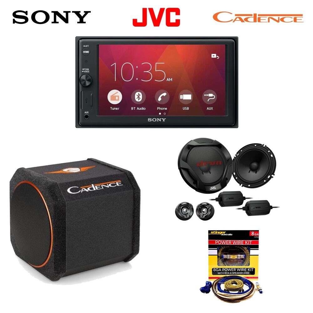 Sony XAV-AX1000 CarPlay Head Unit + JVC CS-DR602C Component Speakers + Cadence XLERATOR80SA 8" Active Sub + Stinger STK8 Wiring Kit Bundle