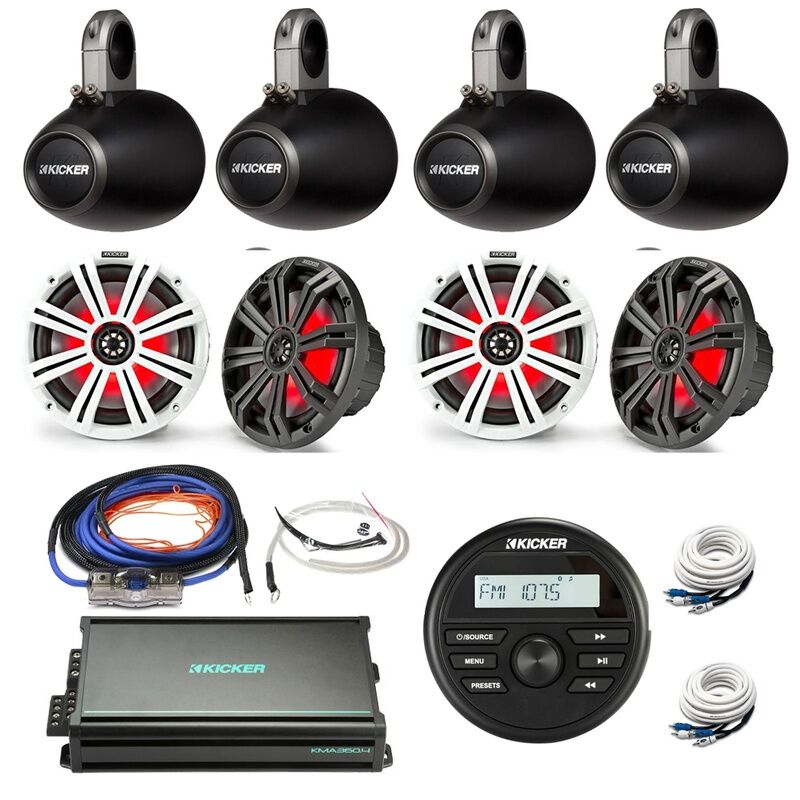 Kicker Premium Marine Audio Package – Bluetooth Stereo, 4 x 6.5" LED Speakers, Tower Enclosures & Amplifier