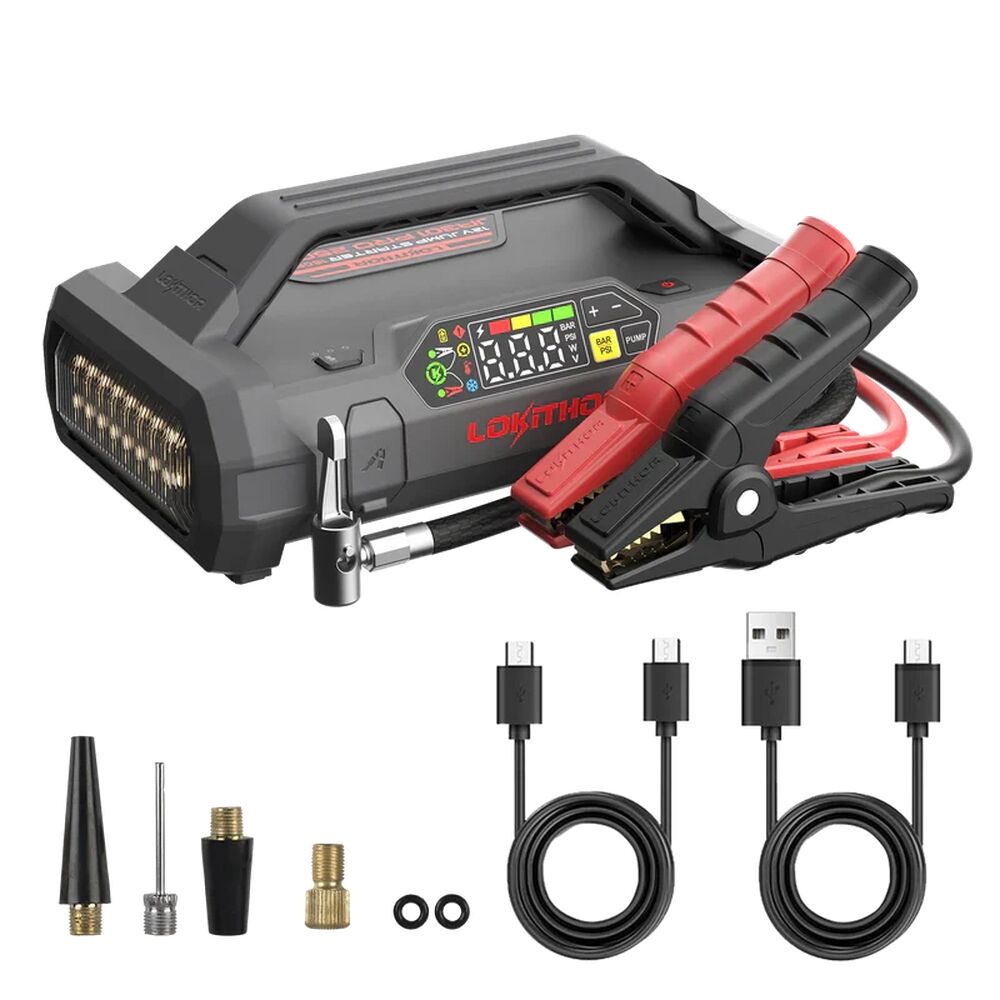 LOKITHOR Essential 4-in-1 Multifunction Rescue Jump Starter Pack 2500A @ 12v + Digital Air Pump Compressor + LED Torch + USB Power Bank