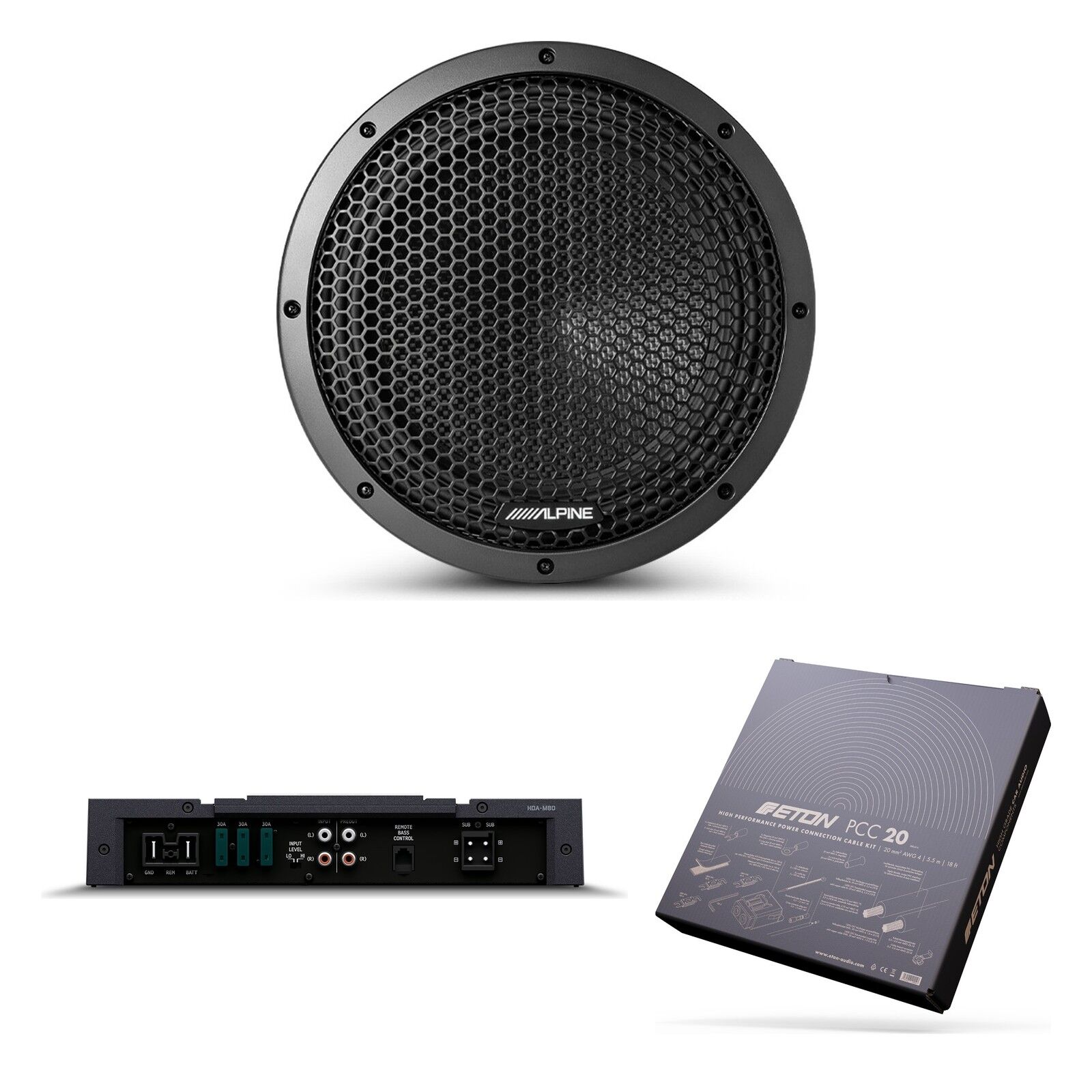 Alpine Status 12" Subwoofer Kit: HDZ-W12 12" Subwoofer, HDA-M80 Mono Amplifier & ETON PCC20 4AWG Power Kit