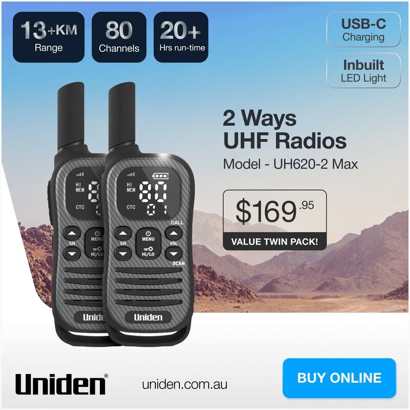 Uniden UH620-2 Max 2W UHF CB HH Radio Twin Pack