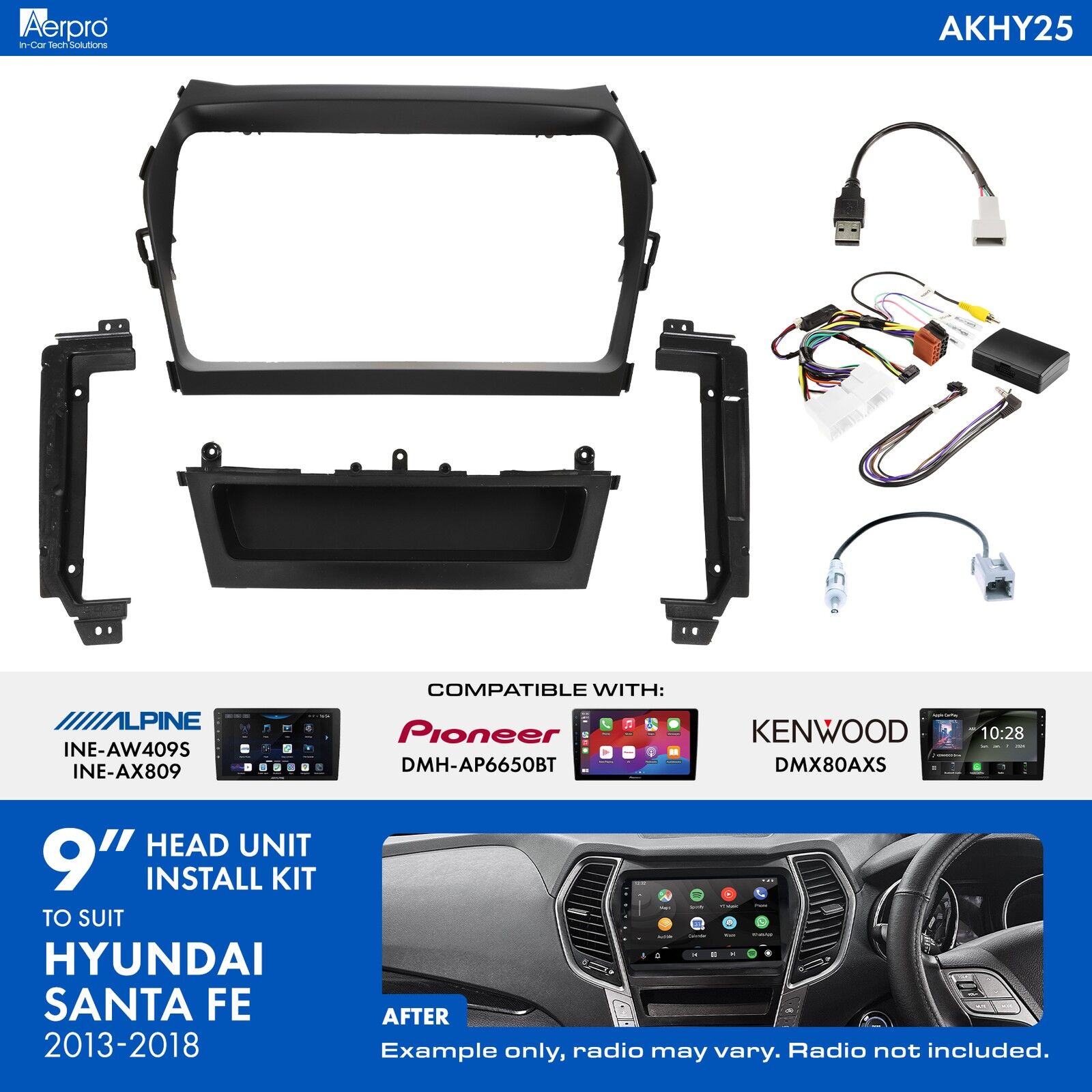 Aerpro AKHY25 9" Install Kit To Suit Hyundai Santa Fe 2013-2018 (Pioneer DMH-AP6650BT & Kenwood DMX80AXS)
