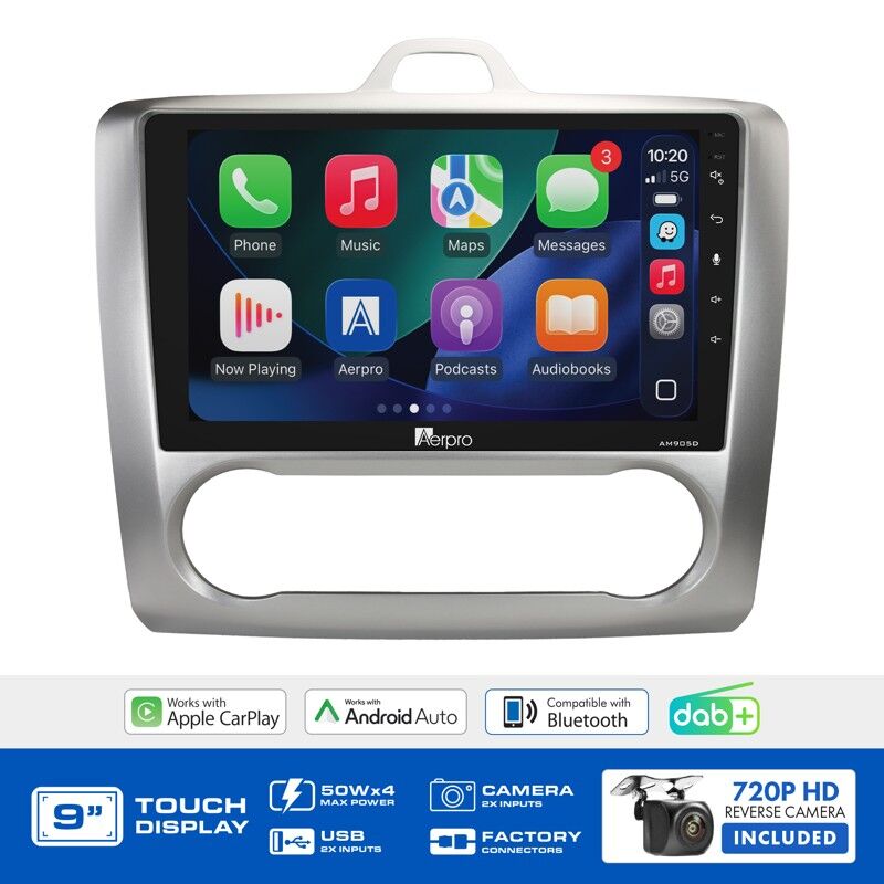Aerpro AMDFO7 9" Wireless CarPlay & Android Auto Multimedia Kit To Suit Ford Focus 2005-2009 (Auto Climate Control)