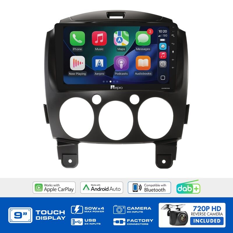 Aerpro AMDMZ7 9" Wireless CarPlay & Android Auto Multimedia Kit To Suit Mazda 2 2007-2014 (With SWC)