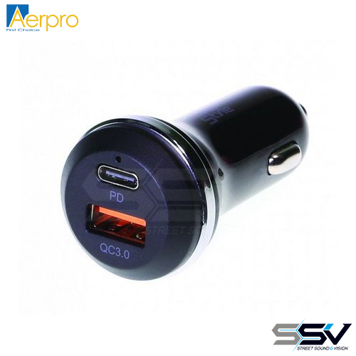 Aerpro ADMQC2U 36W In-Car Fast Charger Dual Port USB-C PD 2.0 + USB-a QC 3.0