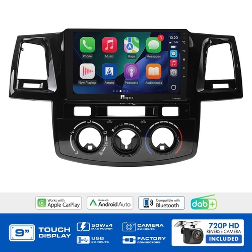 Aerpro AMDTO9 9" Wireless CarPlay & Android Auto Multimedia Kit To Suit Toyota HiLux 2005-2011 (With SWC)