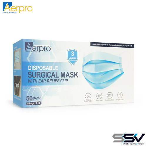 Aerpro Disposable Surgical Face Mask 50 Pack with Ear Relief Clip APFM50PK