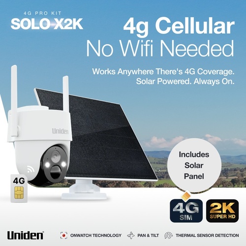 Uniden App Cam SOLO X2K 4G PT 2K Solar Pan & Tilt Security Camera Kit