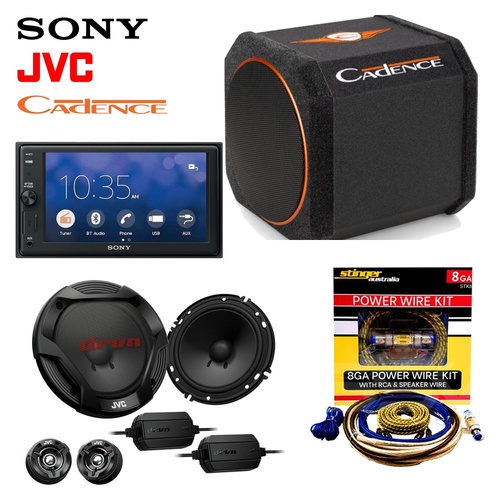 Sony XAV-AX1000 CarPlay Head Unit + JVC CS-DR602C Component Speakers + Cadence XLERATOR80SA 8" Active Sub + Stinger STK8 Wiring Kit Bundle