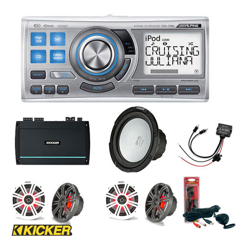 Marine Audio Pack With Alpine CDA-118A, Kicker Speakers, Amplifier & Sububwoofer