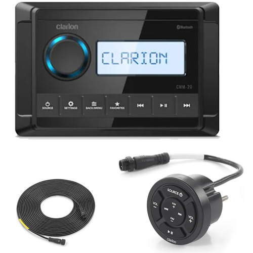 Clarion Marine Audio Bundle: CMM-20 Head Unit + CMR-10 Wired Remote + 25ft Cable