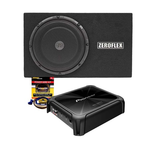 Zeroflex FLX-10SE 10″ Slim Subwoofer Bass Bundle – Pioneer GM-D8701 Mono Amplifier + Stinger STK8 Wiring Kit