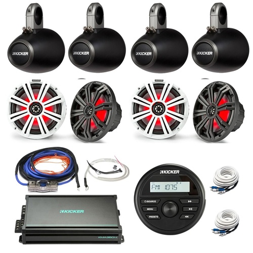 Kicker Premium Marine Audio Package – Bluetooth Stereo, 4 x 6.5" LED Speakers, Tower Enclosures & Amplifier