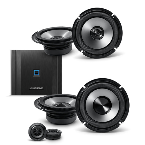 Alpine Essential Sound Upgrade Bundle – 6.5" Coaxial & Component Speakers + 4-Channel DSP Amplifier