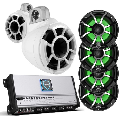 Wet Sounds System 1200W HTM-8 Amplifier, REV 8 Tower Speakers, and RGB REVO In-Boat Audio
